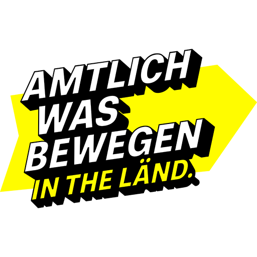 Schriftzug „Amtlich was bewegen in the Länd.“ auf gelbem Pfeilhintergrund.