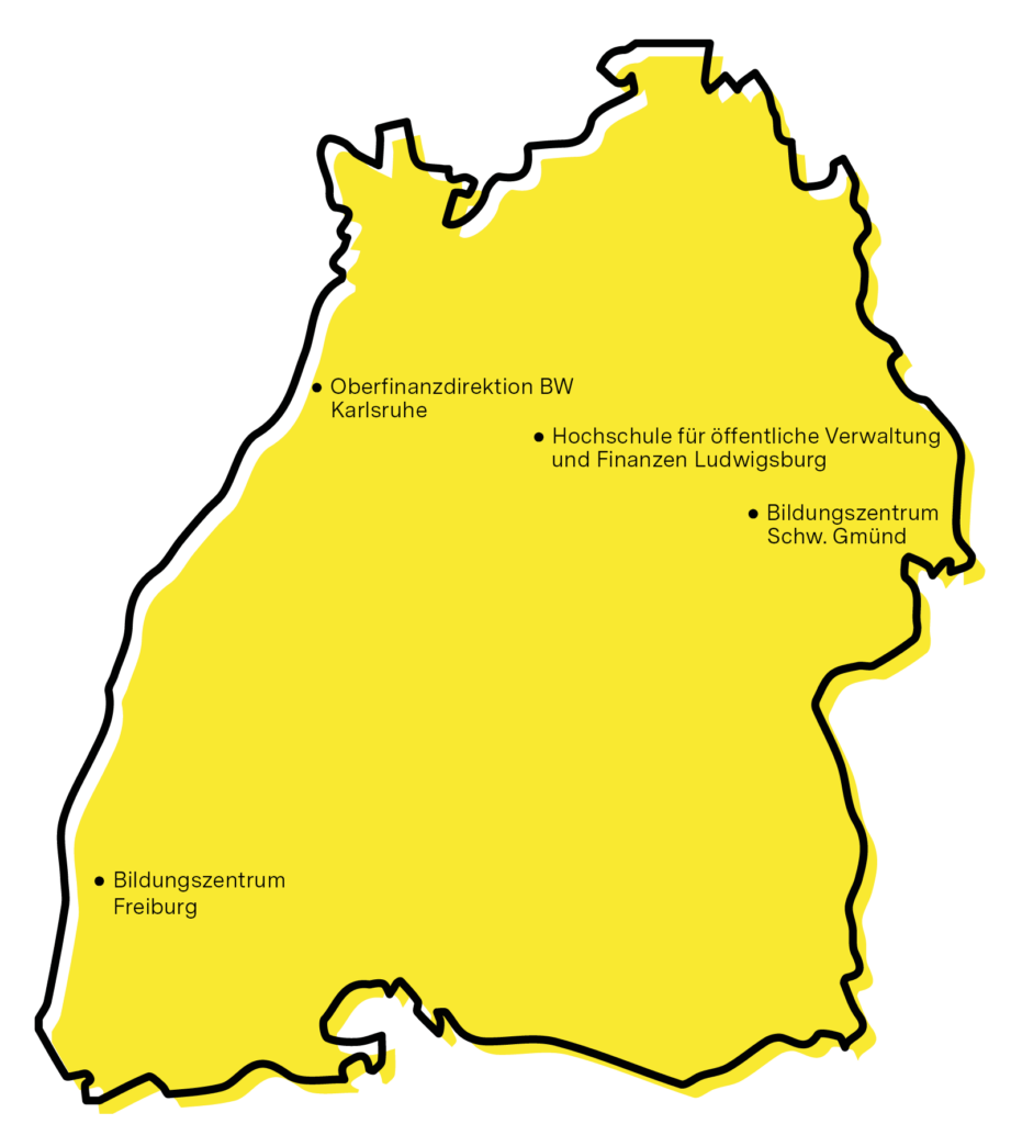 Gelbe Silhouette des Bundeslandes Baden-Württemberg mit schwarzer Umrandung.